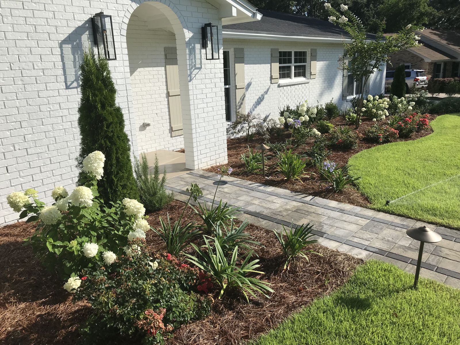 After: a paver walkway to the arched front door, lined with hydrangeas, lilies and a path light